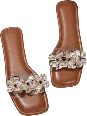OYOANGLE Women's Rhinestone Flower Decor Clear Strap Sandals Square Toe Flat Sandals