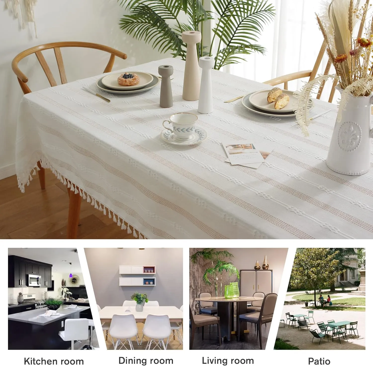Pahajim Autumn Table Cloth Cotton Linen Tablecloth Farmhouse Dining Table Cover Thanksgiving Christmas Table Cloth Rectangle Table (Hollow White, Rectangle/Oblong，55 x 94 Inch,8-10 Seats)