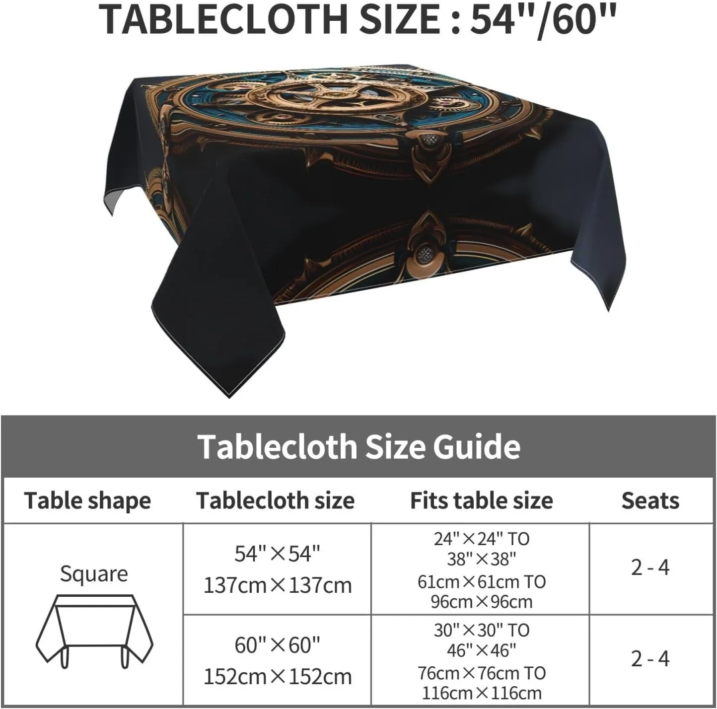 PHAYAH Cool Steampunk Gears Printed Square Tablecloth for and Outdoor Dining Tables Dining Parties Party Patios Buffet 54"X54"