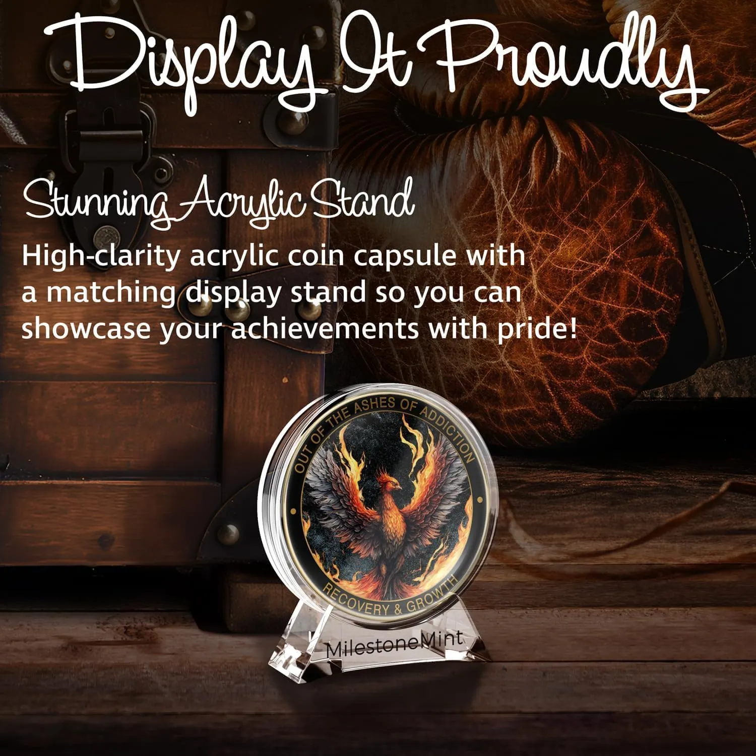 Phoenix Sobriety Coin | AA Chip Medallion Gift Set with Coin Capsule, Display Stand & Card | Perfect Gifts for Sober Men & Women in Recovery | Sobriety Gifts for Anniversary Month & Year