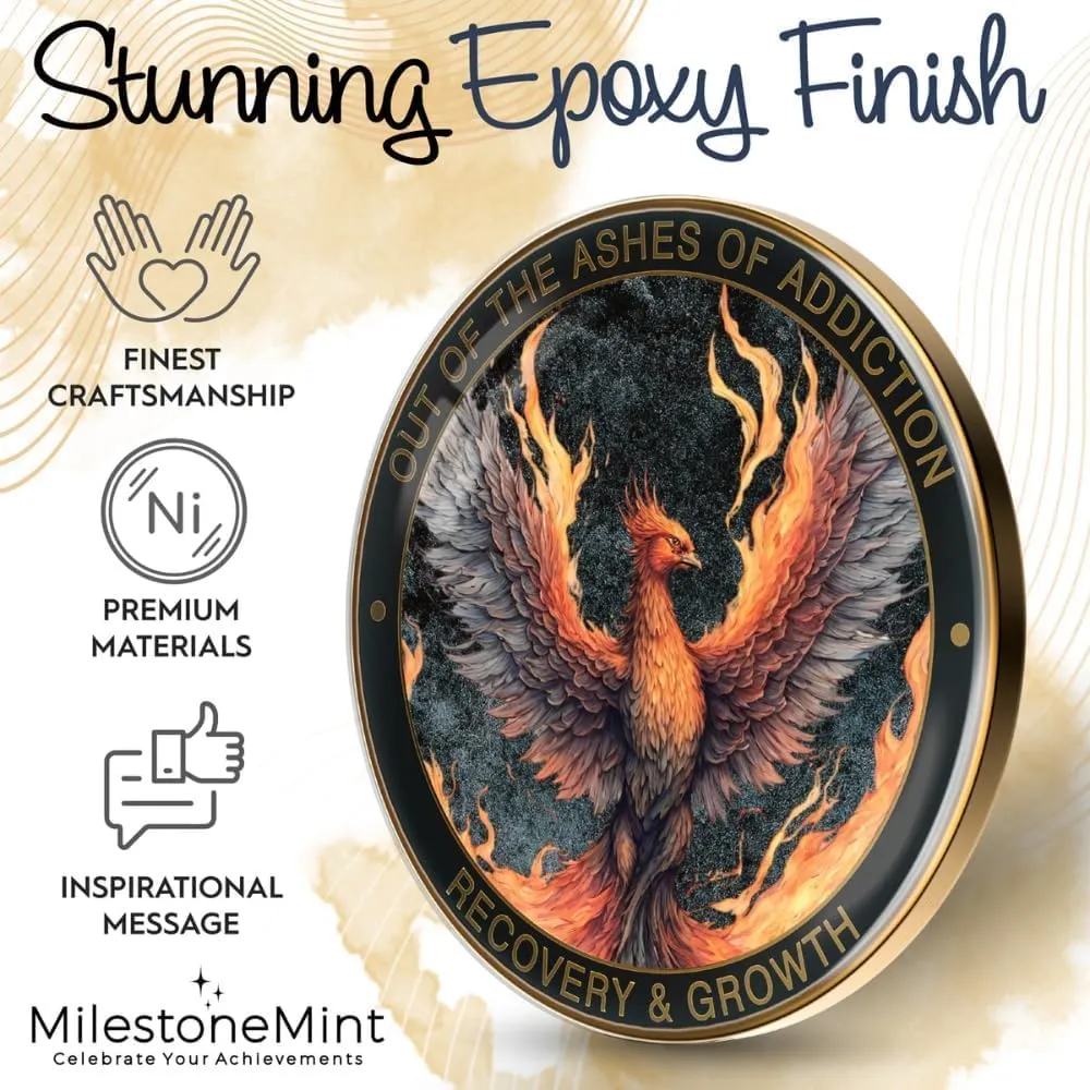 Phoenix Sobriety Coin | AA Chip Medallion Gift Set with Coin Capsule, Display Stand & Card | Perfect Gifts for Sober Men & Women in Recovery | Sobriety Gifts for Anniversary Month & Year