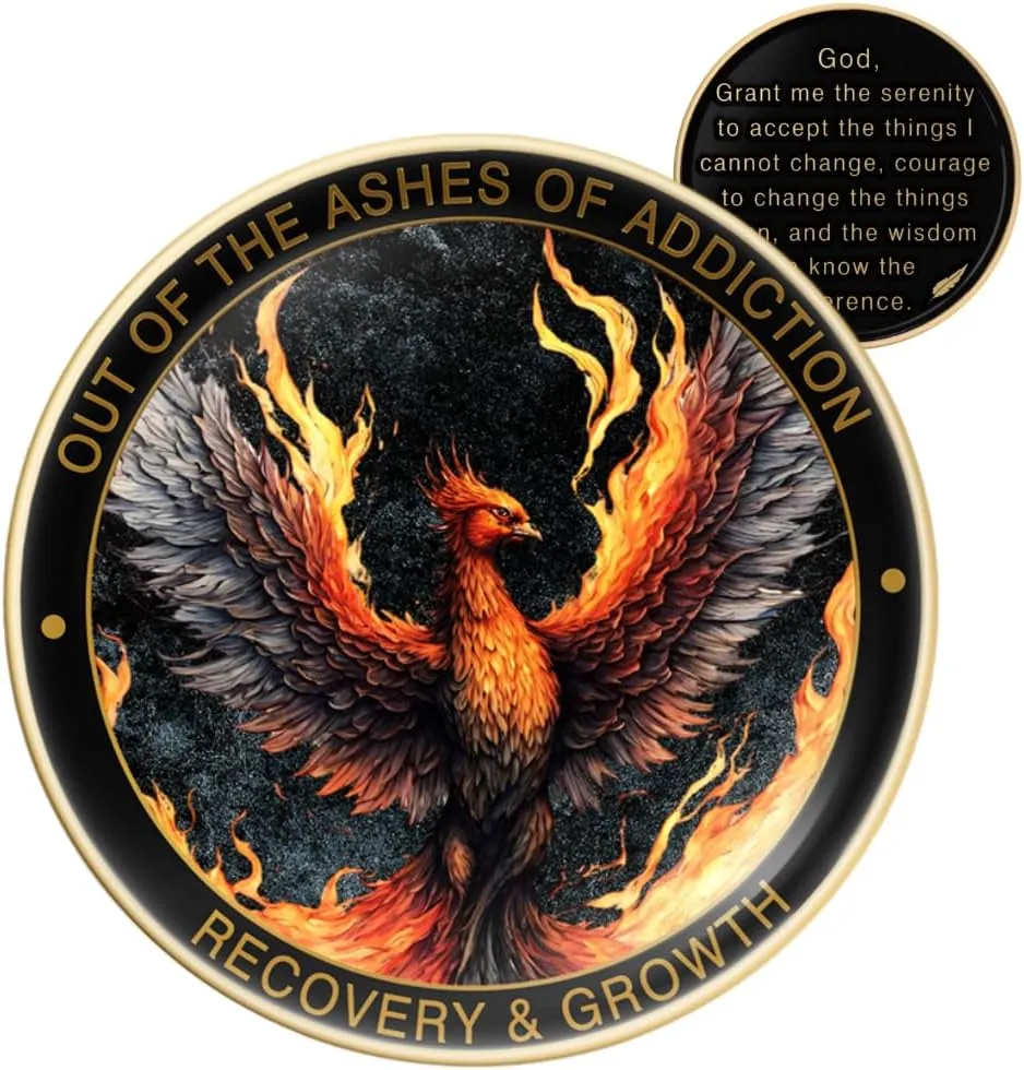 Phoenix Sobriety Coin | AA Chip Medallion Gift Set with Coin Capsule, Display Stand & Card | Perfect Gifts for Sober Men & Women in Recovery | Sobriety Gifts for Anniversary Month & Year