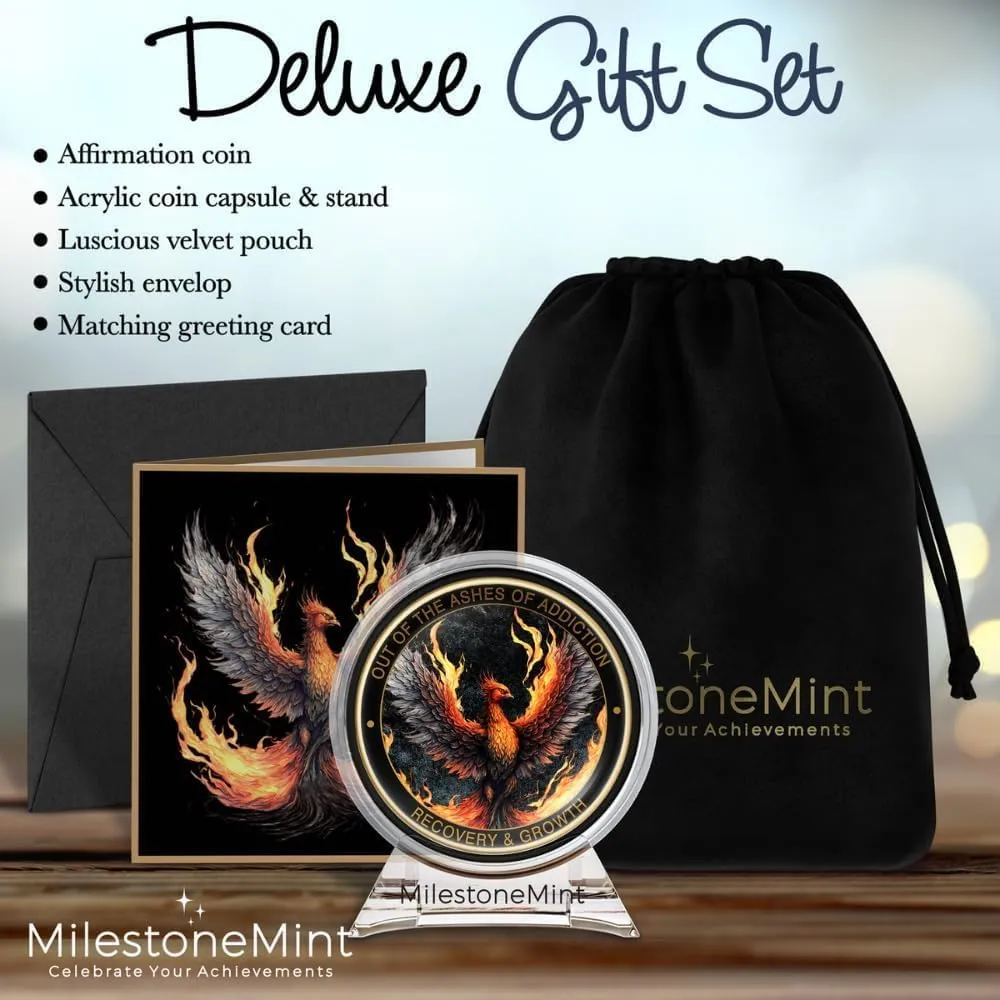 Phoenix Sobriety Coin | AA Chip Medallion Gift Set with Coin Capsule, Display Stand & Card | Perfect Gifts for Sober Men & Women in Recovery | Sobriety Gifts for Anniversary Month & Year