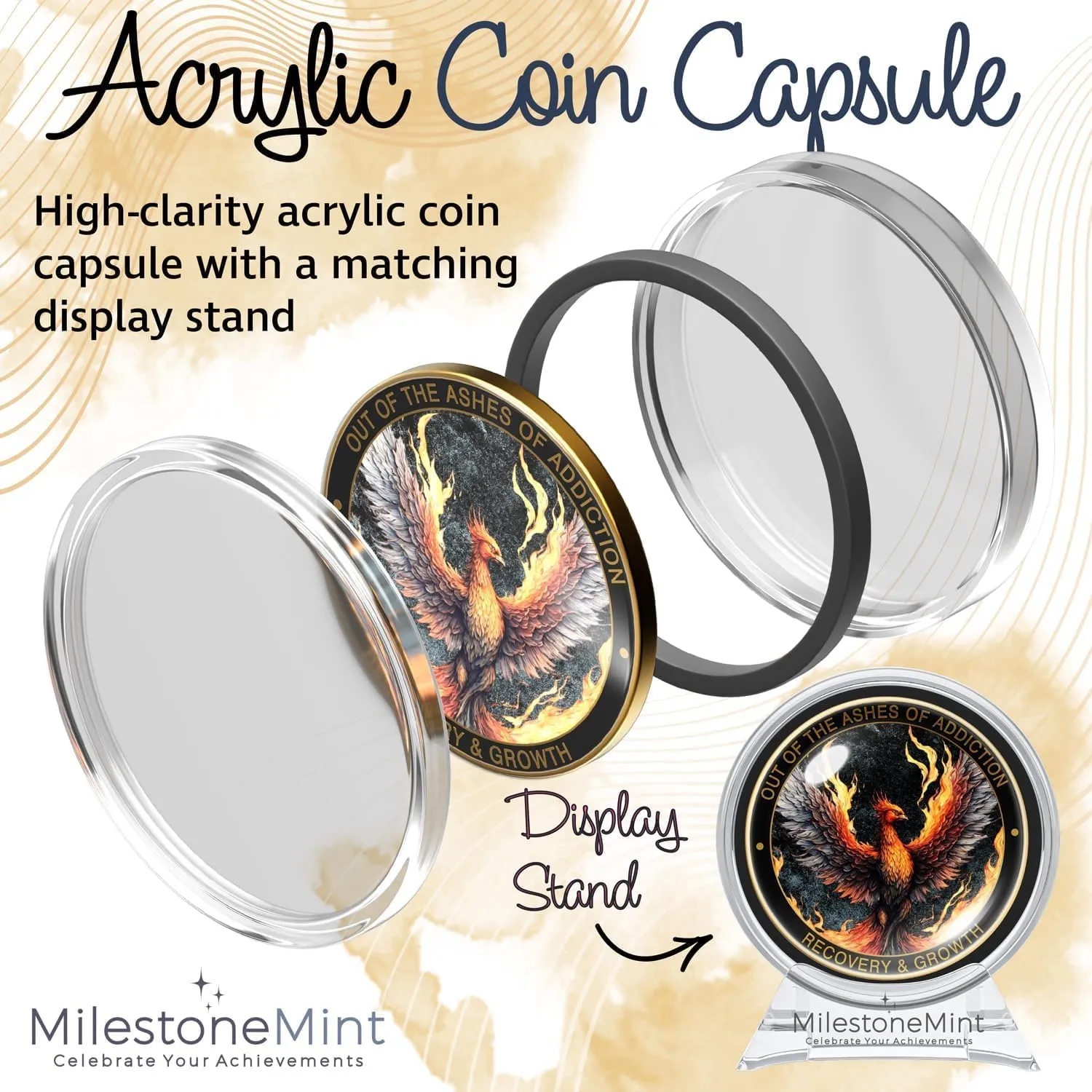Phoenix Sobriety Coin | AA Chip Medallion Gift Set with Coin Capsule, Display Stand & Card | Perfect Gifts for Sober Men & Women in Recovery | Sobriety Gifts for Anniversary Month & Year