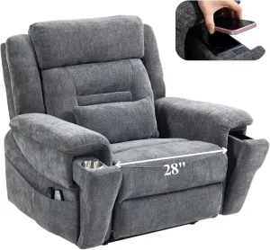 Power Lift Recliner for Elderly 28 Inch Wide Seat, Lay Flat Lift Chair with Heat Massage, Cup Holder & Wireless Phone Charger, USB Type C Charging, Big Tall 400 lbs (Greyish Blue Chenille)