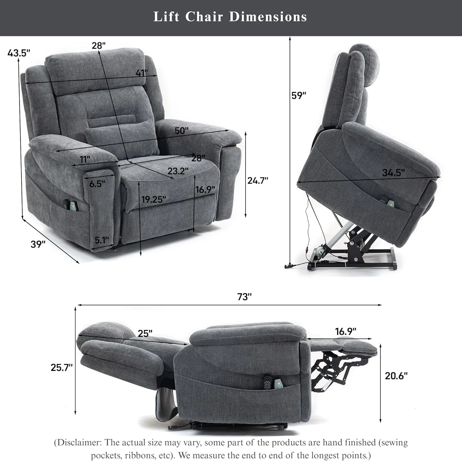 Power Lift Recliner for Elderly 28 Inch Wide Seat, Lay Flat Lift Chair with Heat Massage, Cup Holder & Wireless Phone Charger, USB Type C Charging, Big Tall 400 lbs (Greyish Blue Chenille)