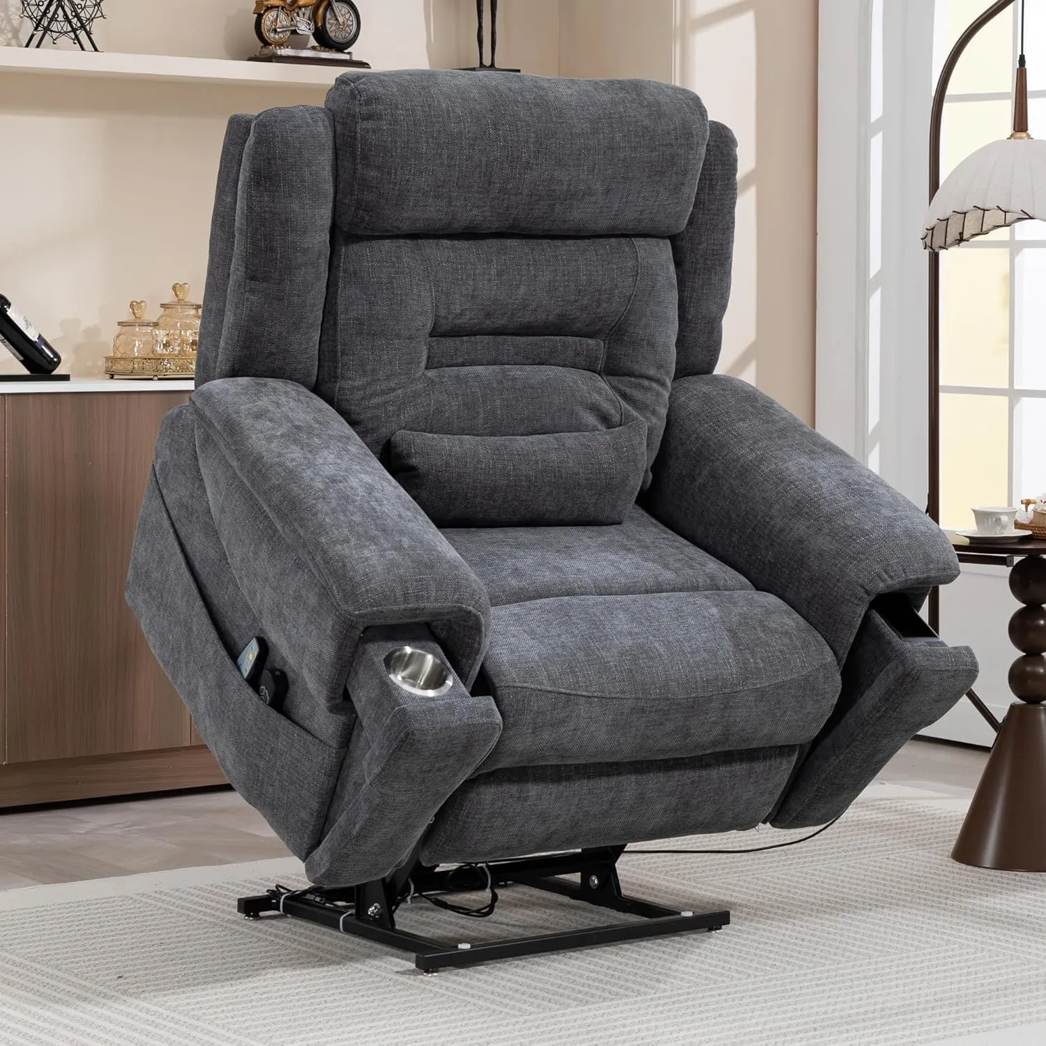 Power Lift Recliner for Elderly 28 Inch Wide Seat, Lay Flat Lift Chair with Heat Massage, Cup Holder & Wireless Phone Charger, USB Type C Charging, Big Tall 400 lbs (Greyish Blue Chenille)