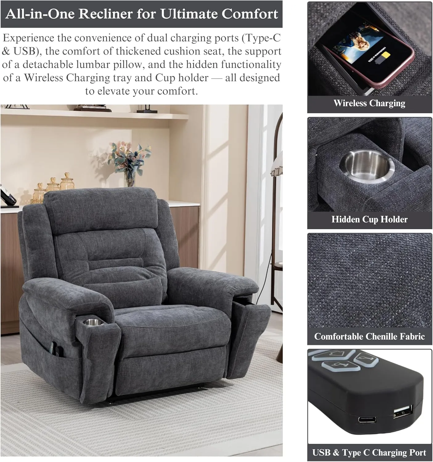 Power Lift Recliner for Elderly 28 Inch Wide Seat, Lay Flat Lift Chair with Heat Massage, Cup Holder & Wireless Phone Charger, USB Type C Charging, Big Tall 400 lbs (Greyish Blue Chenille)
