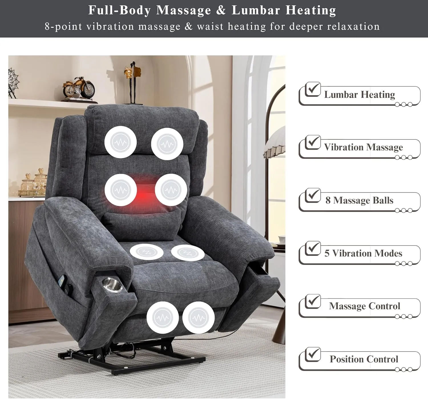 Power Lift Recliner for Elderly 28 Inch Wide Seat, Lay Flat Lift Chair with Heat Massage, Cup Holder & Wireless Phone Charger, USB Type C Charging, Big Tall 400 lbs (Greyish Blue Chenille)