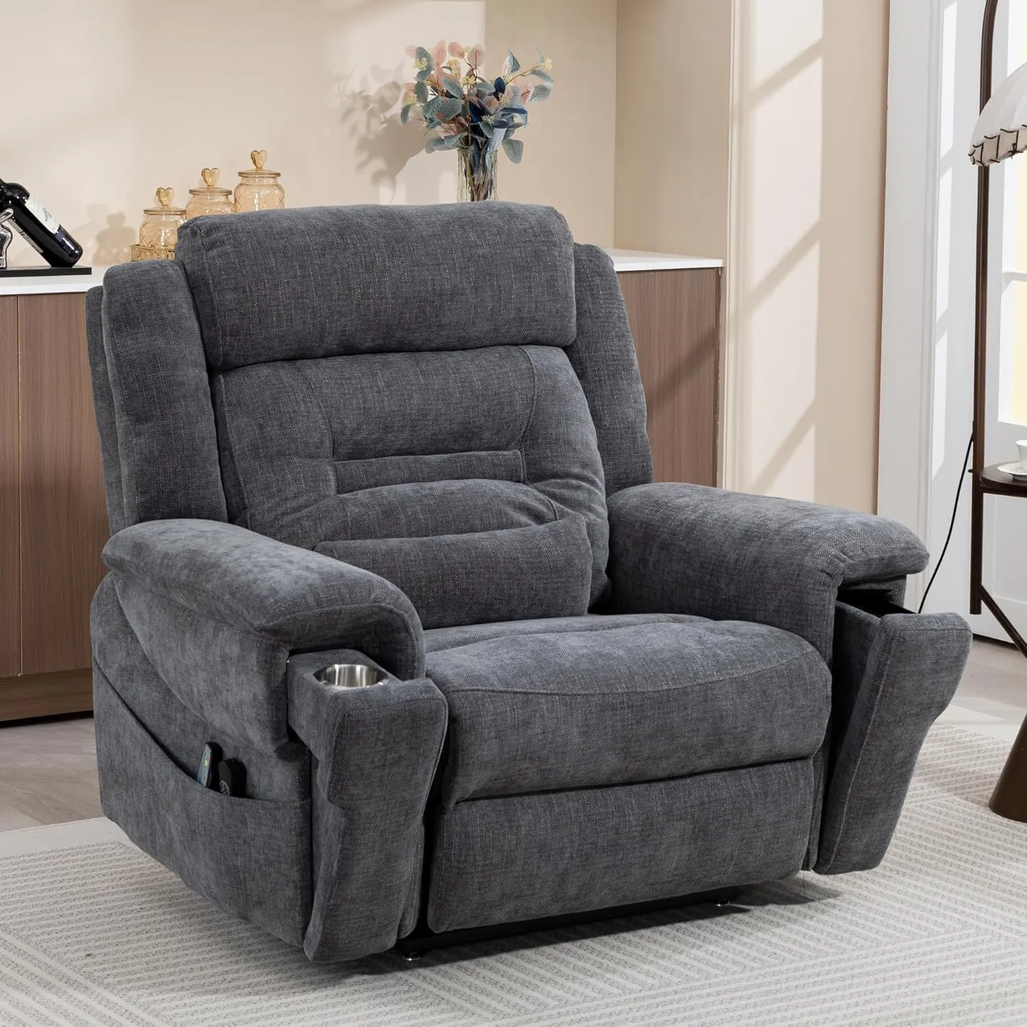 Power Lift Recliner for Elderly 28 Inch Wide Seat, Lay Flat Lift Chair with Heat Massage, Cup Holder & Wireless Phone Charger, USB Type C Charging, Big Tall 400 lbs (Greyish Blue Chenille)