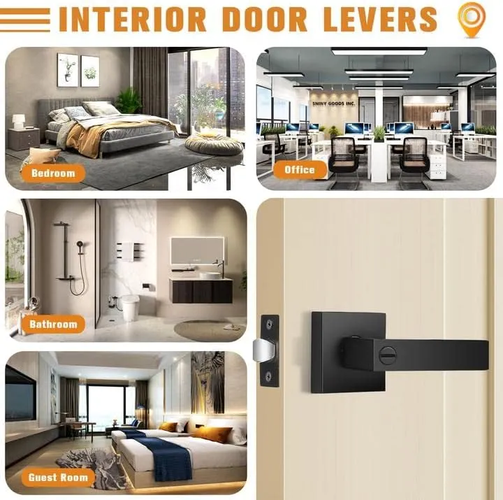 Probrico Interior Black Door Handle, Heavy Duty, Flat Square Privacy Door Handles, Keyless Door Levers Lockset for Bedroom and Bathroom (1 Pack, Modern)