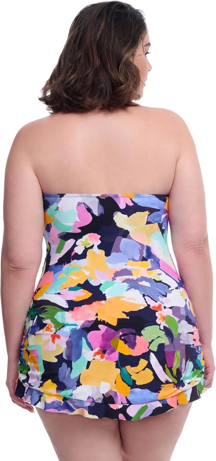 Profile by Gottex Holi Plus Size Abstract Floral Print Women’s Bathing Swim One Piece Bandeau Swimdress - Swim Essential