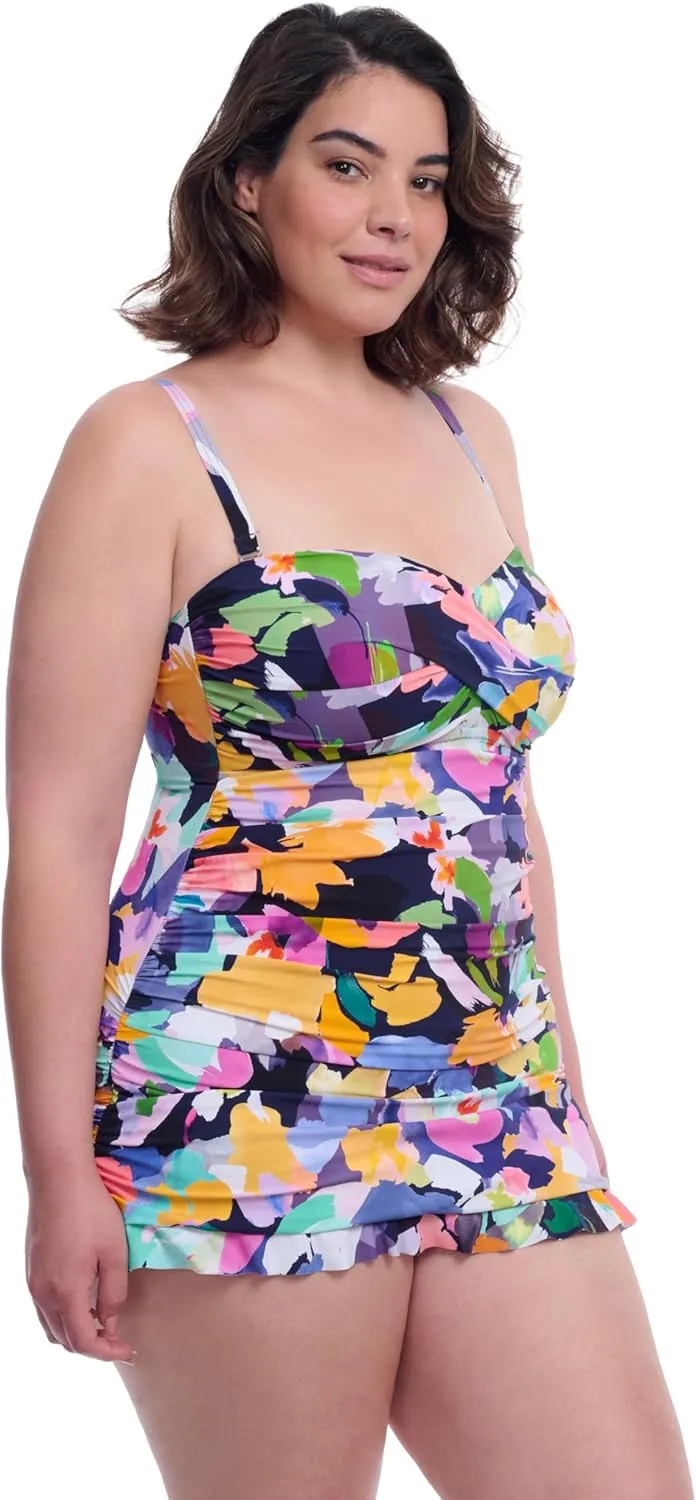 Profile by Gottex Holi Plus Size Abstract Floral Print Women’s Bathing Swim One Piece Bandeau Swimdress - Swim Essential