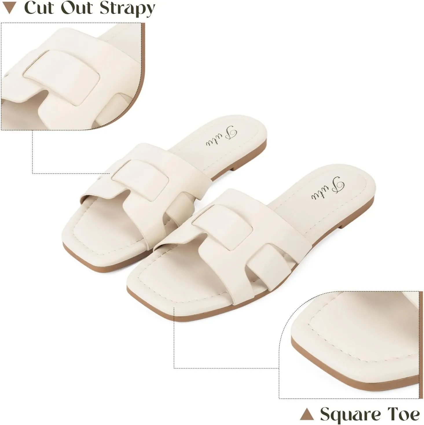 Putu Women's Flat Sandals Dressy Summer Sandals Strappy Slides with Square Open Toe