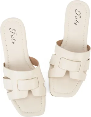 Putu Women's Flat Sandals Dressy Summer Sandals Strappy Slides with Square Open Toe