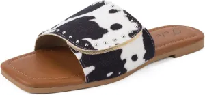 Putu Women's Flat Sandals Studded Slide Sandals Animal Print Western Sandals