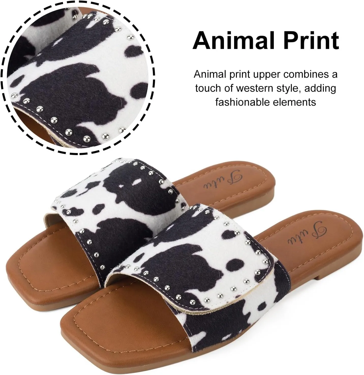 Putu Women's Flat Sandals Studded Slide Sandals Animal Print Western Sandals