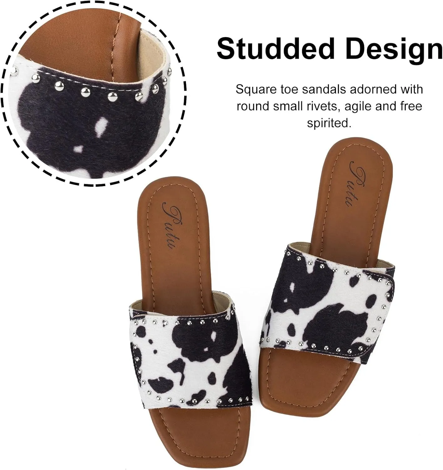 Putu Women's Flat Sandals Studded Slide Sandals Animal Print Western Sandals