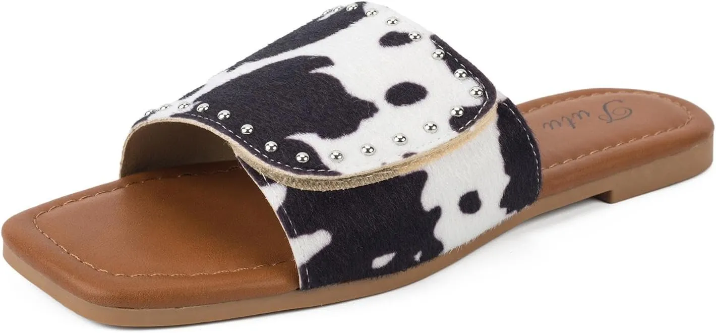 Putu Women's Flat Sandals Studded Slide Sandals Animal Print Western Sandals