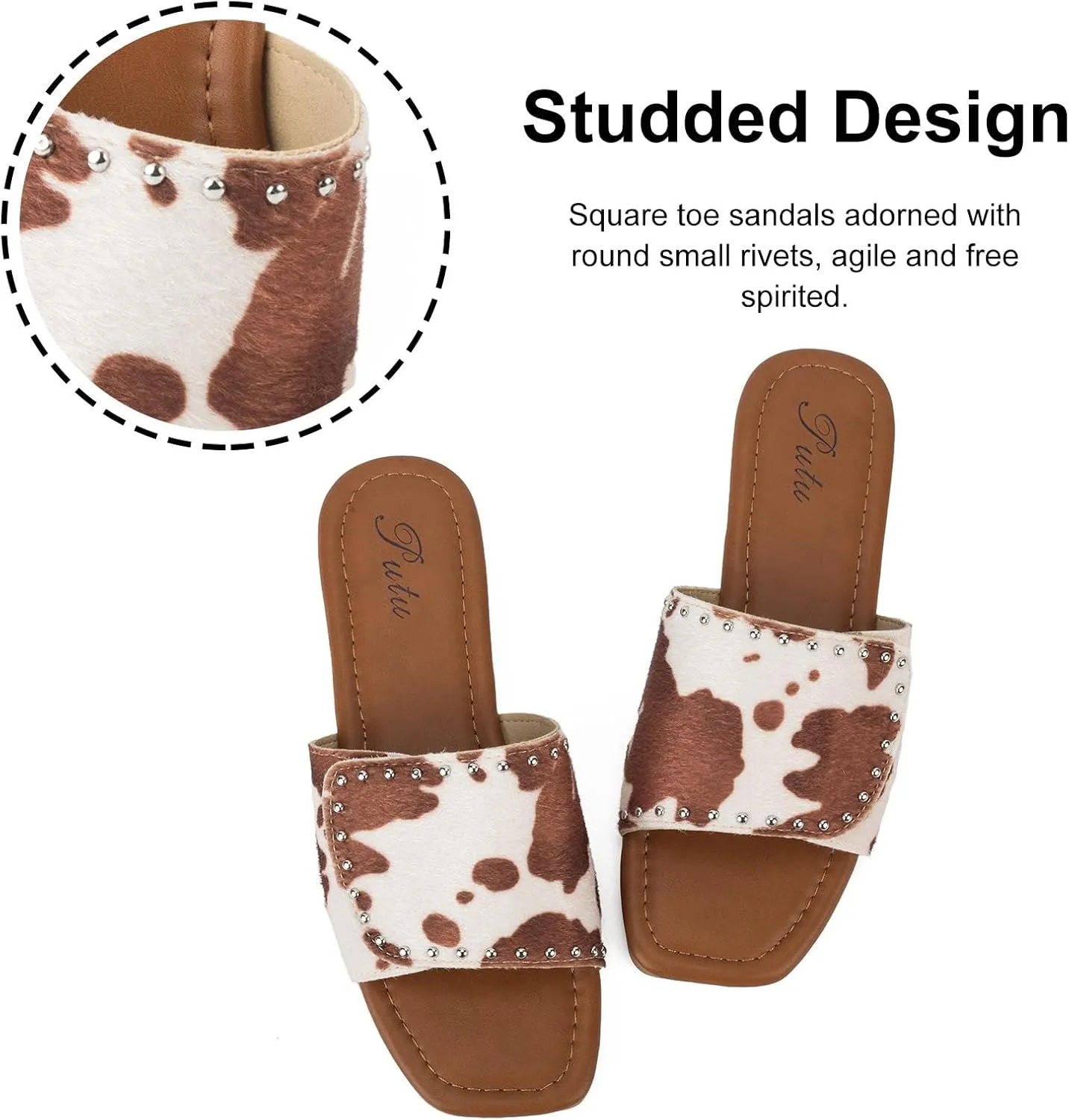 Putu Women's Flat Sandals Studded Slide Sandals Animal Print Western Sandals
