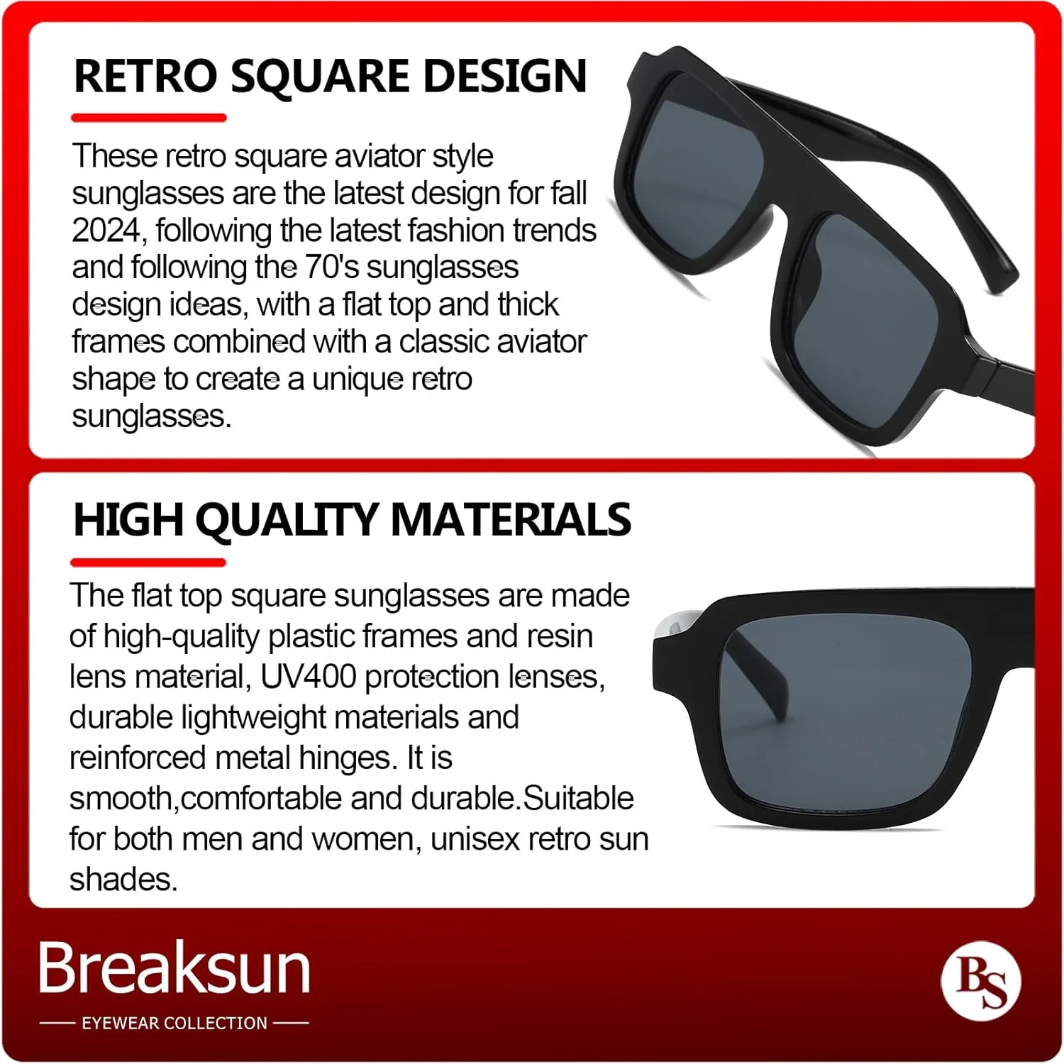 Retro Square Sunglasses for Women Men Trendy Thick Frame Square Aviator Sun Glasses 70s Vintage Shades