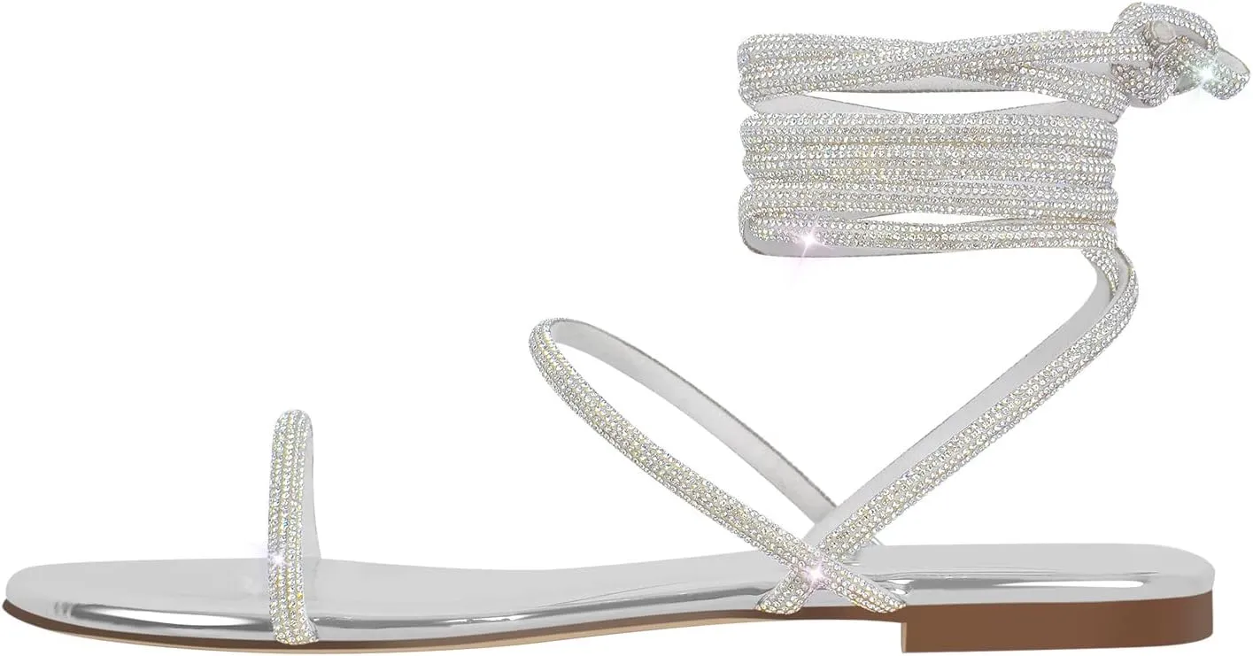Richealnana Women's Rhinestones Crisscross Strap Square Toe Flat Sandals