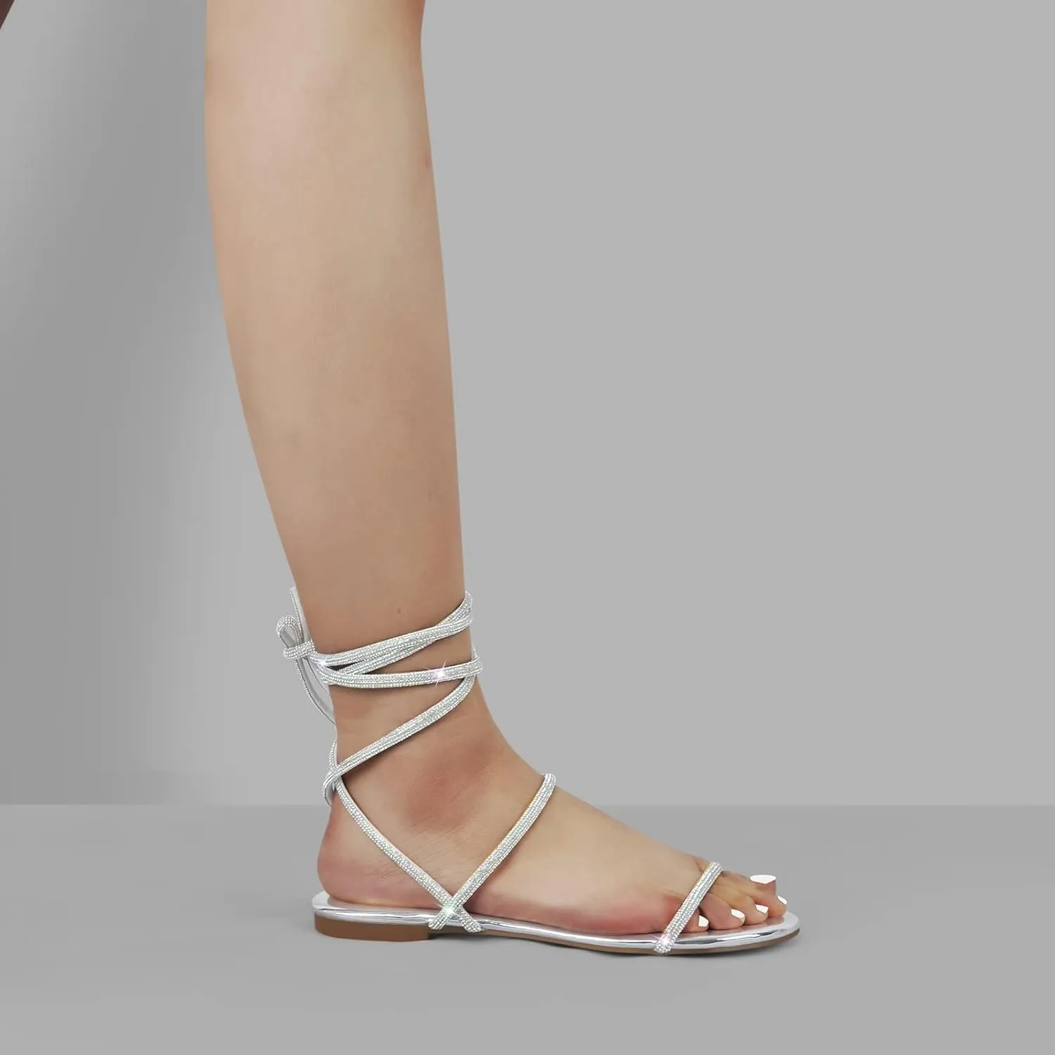 Richealnana Women's Rhinestones Crisscross Strap Square Toe Flat Sandals