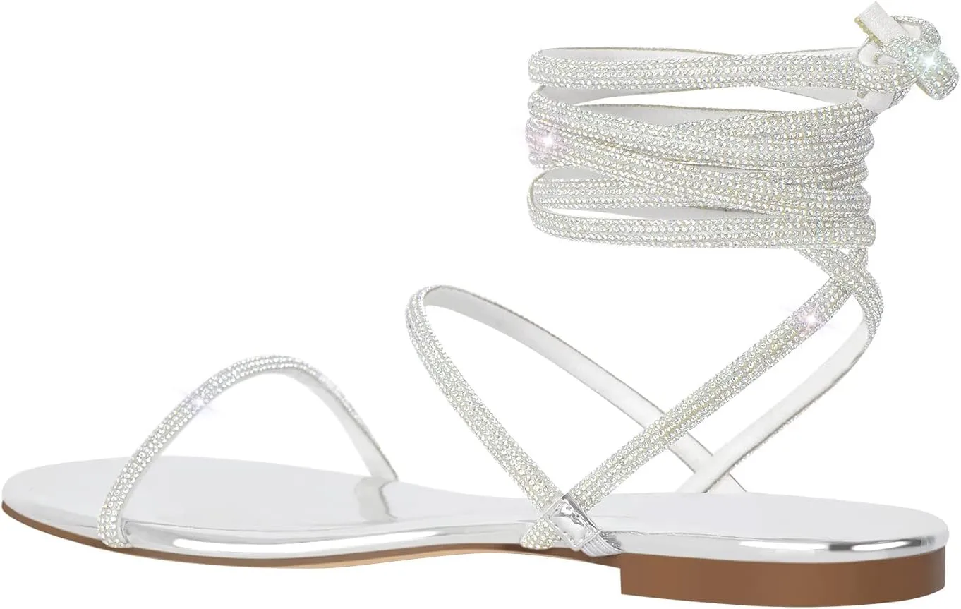 Richealnana Women's Rhinestones Crisscross Strap Square Toe Flat Sandals