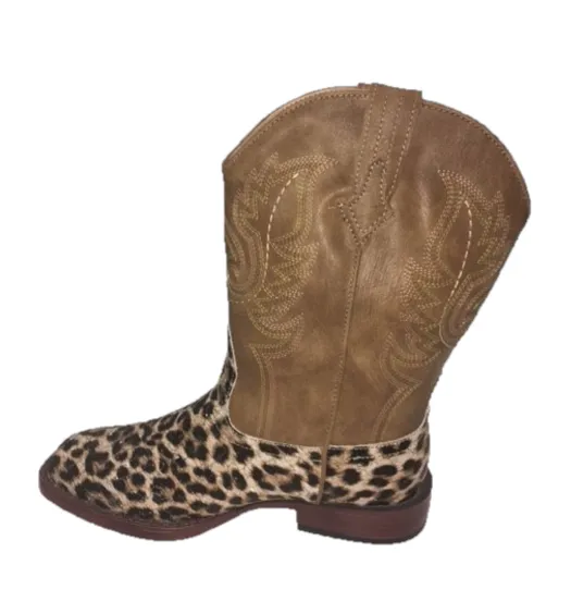 Roper Dark Tan Top and Gold Glitter flecks on Faux Leopard bottom Little Kids Square Toe Western Boots 0901819012800TA