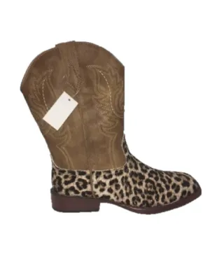 Roper Dark Tan Top and Gold Glitter flecks on Faux Leopard bottom Little Kids Square Toe Western Boots 0901819012800TA