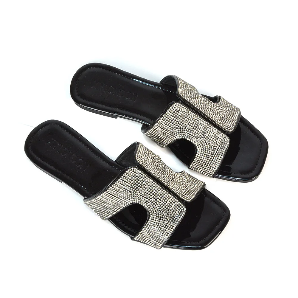 Ruby Cut Out Diamante Strap Square Toe Flat Heel Sandal Slides in Black Patent