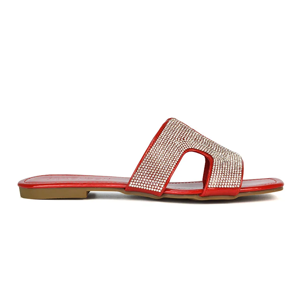 Ruby Cut Out Diamante Strap Square Toe Flat Heel Sandal Slides in Black Patent