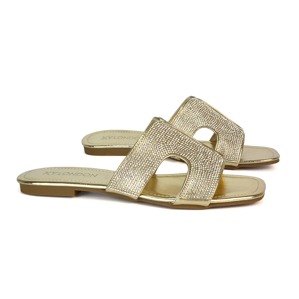Ruby Cut Out Diamante Strap Square Toe Flat Heel Sandal Slides in Black Patent