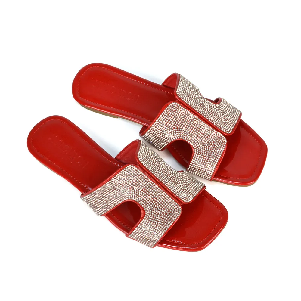 Ruby Cut Out Diamante Strap Square Toe Flat Heel Sandal Slides in Black Patent