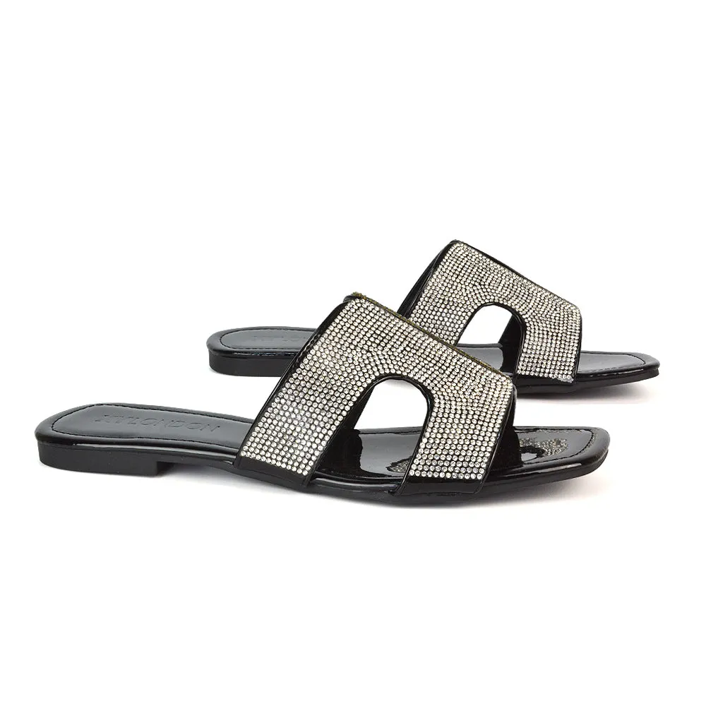 Ruby Cut Out Diamante Strap Square Toe Flat Heel Sandal Slides in Black Patent