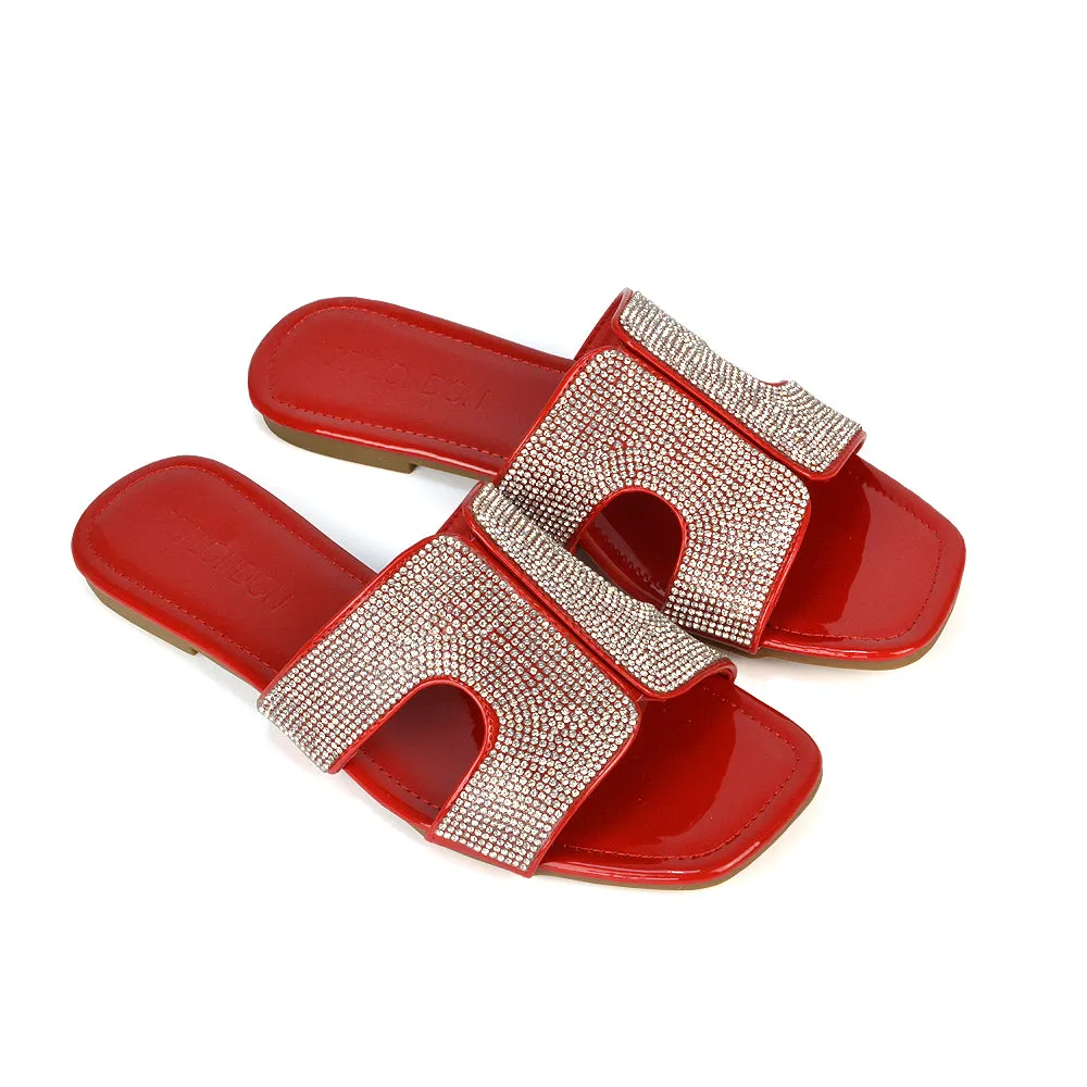 Ruby Cut Out Diamante Strap Square Toe Flat Heel Sandal Slides in Black Patent