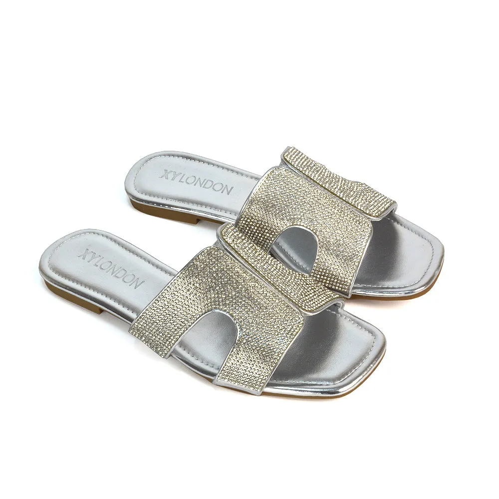 Ruby Cut Out Diamante Strap Square Toe Flat Heel Sandal Slides in Black Patent