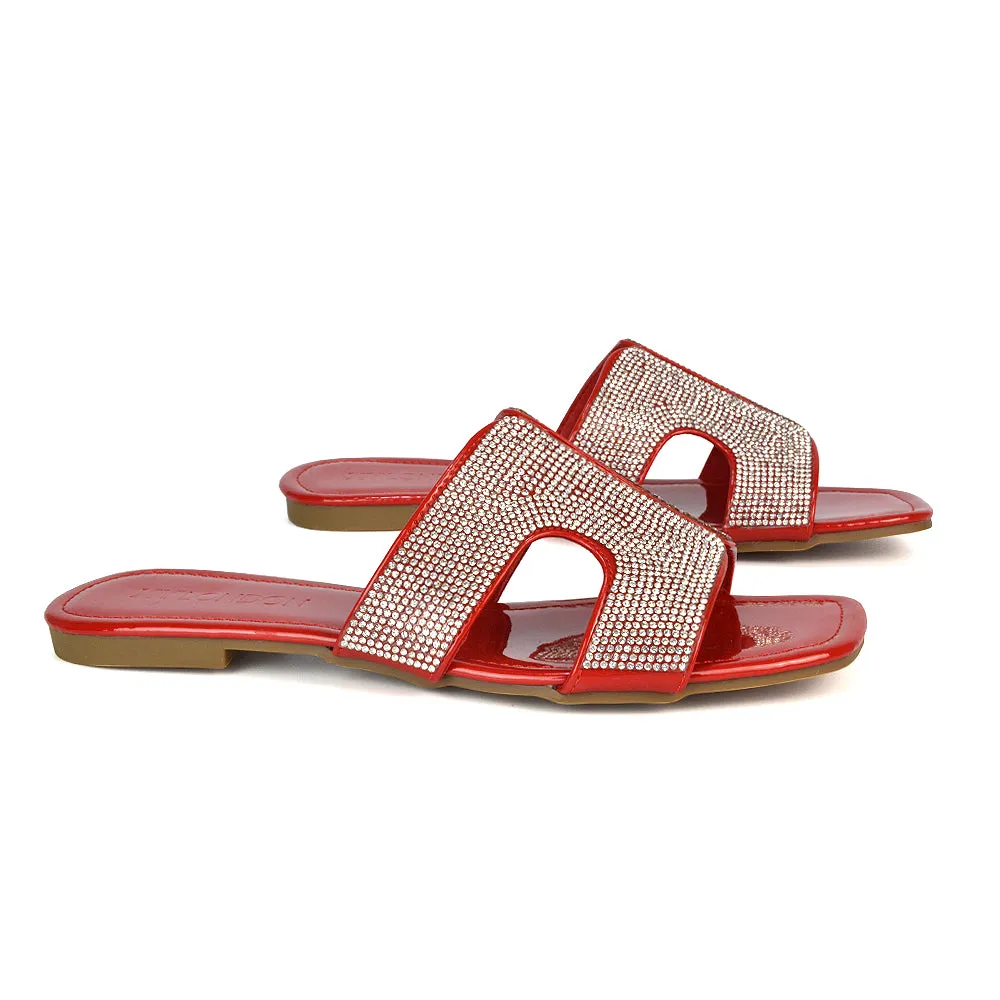 Ruby Cut Out Diamante Strap Square Toe Flat Heel Sandal Slides in Black Patent