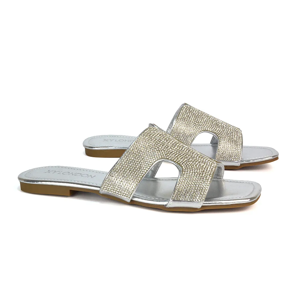 Ruby Cut Out Diamante Strap Square Toe Flat Heel Sandal Slides in Black Patent