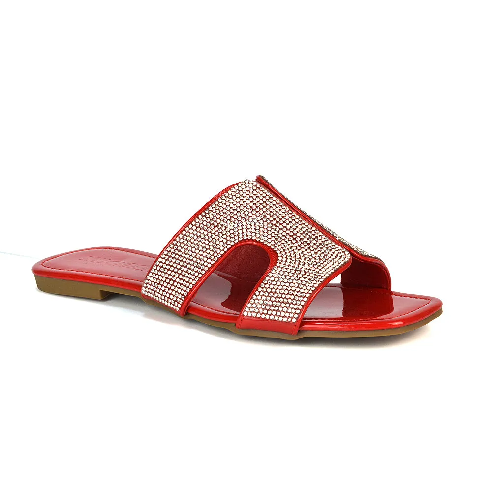 Ruby Cut Out Diamante Strap Square Toe Flat Heel Sandal Slides in Black Patent