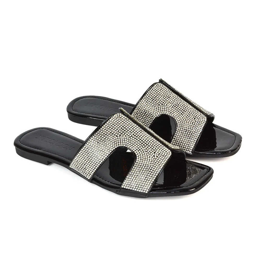 Ruby Cut Out Diamante Strap Square Toe Flat Heel Sandal Slides in Black Patent