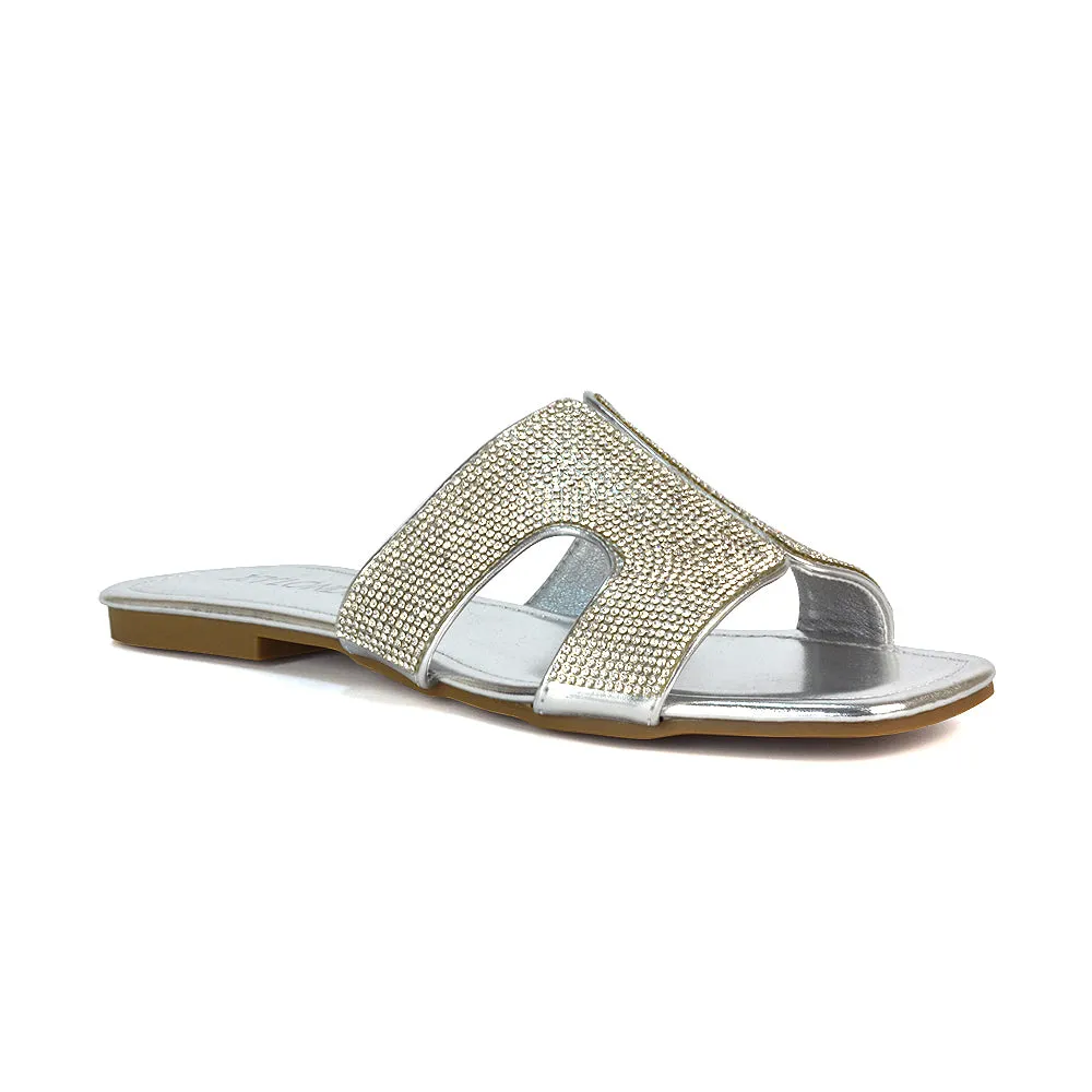 Ruby Cut Out Diamante Strap Square Toe Flat Heel Sandal Slides in Black Patent