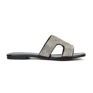 Ruby Cut Out Diamante Strap Square Toe Flat Heel Sandal Slides in Black Patent
