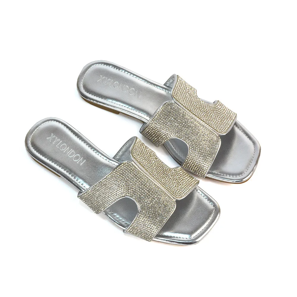 Ruby Cut Out Diamante Strap Square Toe Flat Heel Sandal Slides in Black Patent