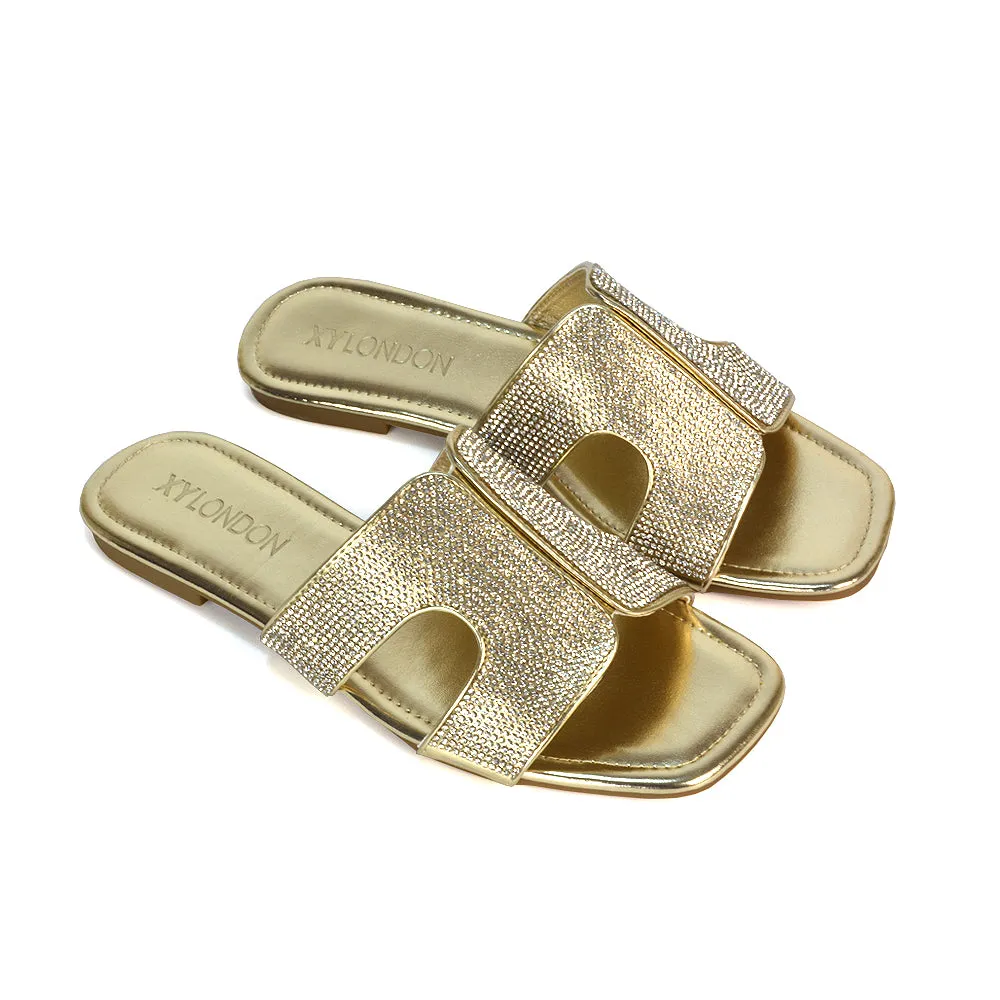 Ruby Cut Out Diamante Strap Square Toe Flat Heel Sandal Slides in Black Patent