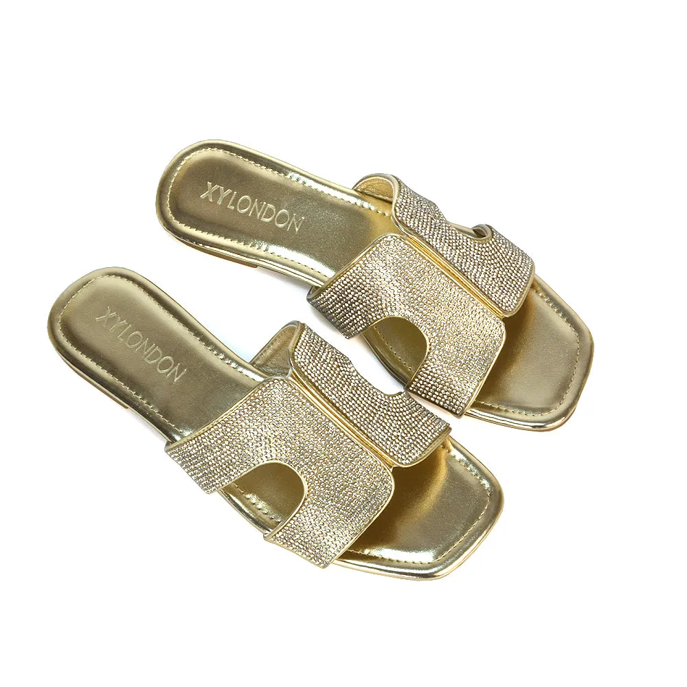 Ruby Cut Out Diamante Strap Square Toe Flat Heel Sandal Slides in Black Patent