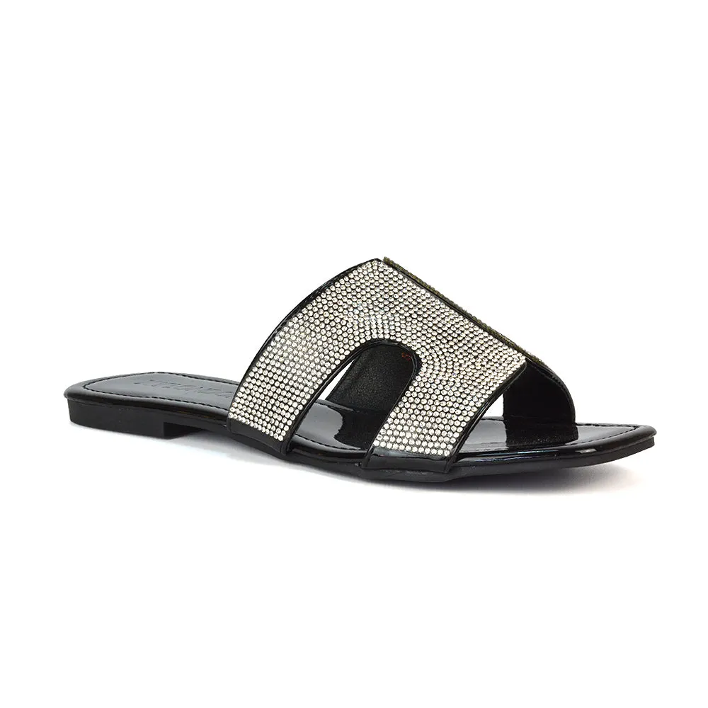 Ruby Cut Out Diamante Strap Square Toe Flat Heel Sandal Slides in Black Patent