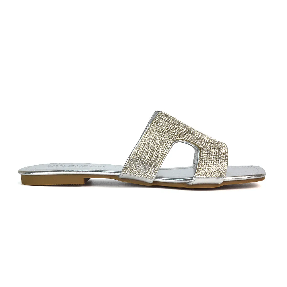 Ruby Cut Out Diamante Strap Square Toe Flat Heel Sandal Slides in Black Patent