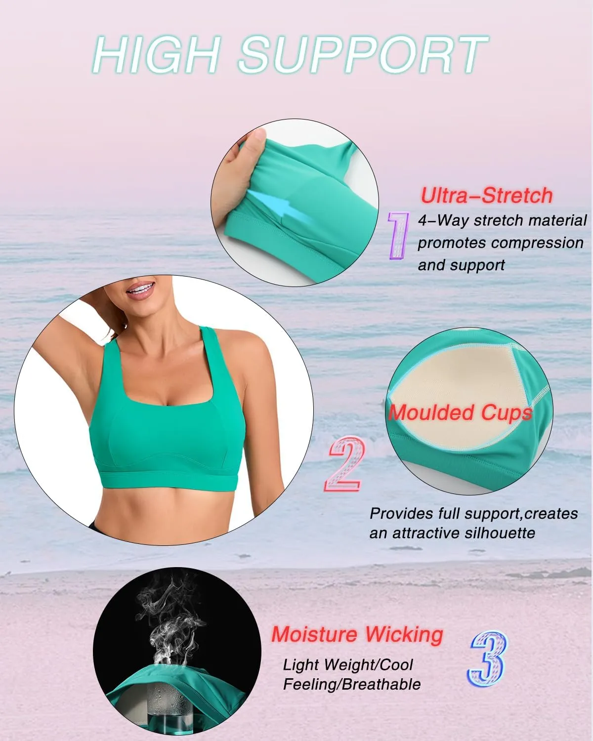 RUNNING GIRL High Impact Sports Bras for Women,Square Neck High Support Bra Moulded Cup Racerback Workout Bra
