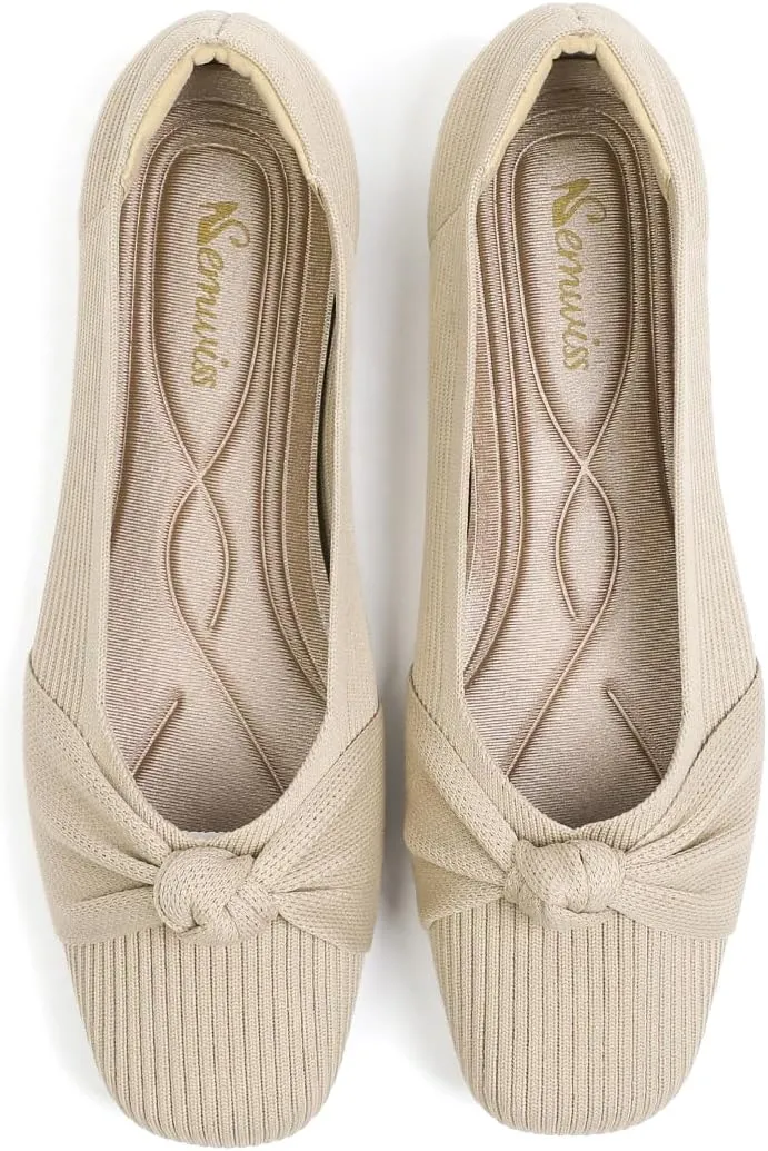 SemwissWomen Ballet Flats Square Toe Comfortable Dressy Slip on mesh Knitted Flat with Bow Office Shoes.